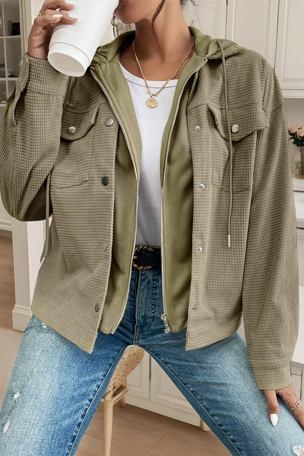Beige Solid Color Textured Patchwork Flap Pocket Shacket