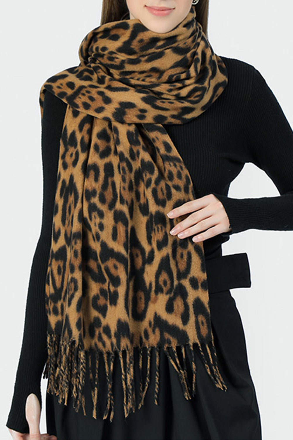 Leopard Print Fringe Scarf