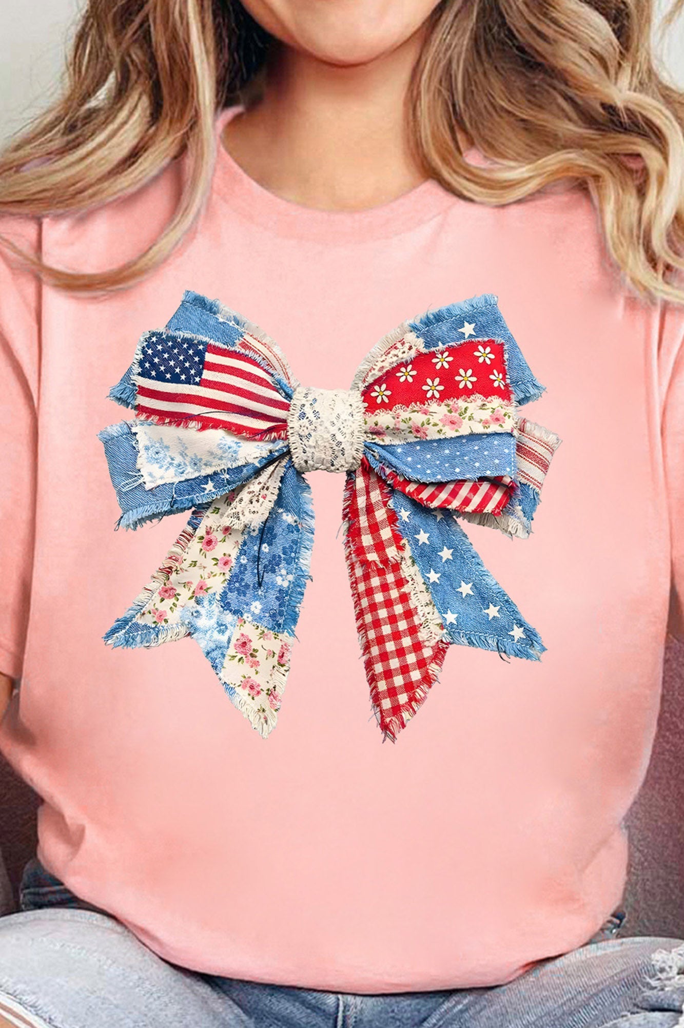 Pink Patriotic Bow Printed Womens Casual Tee