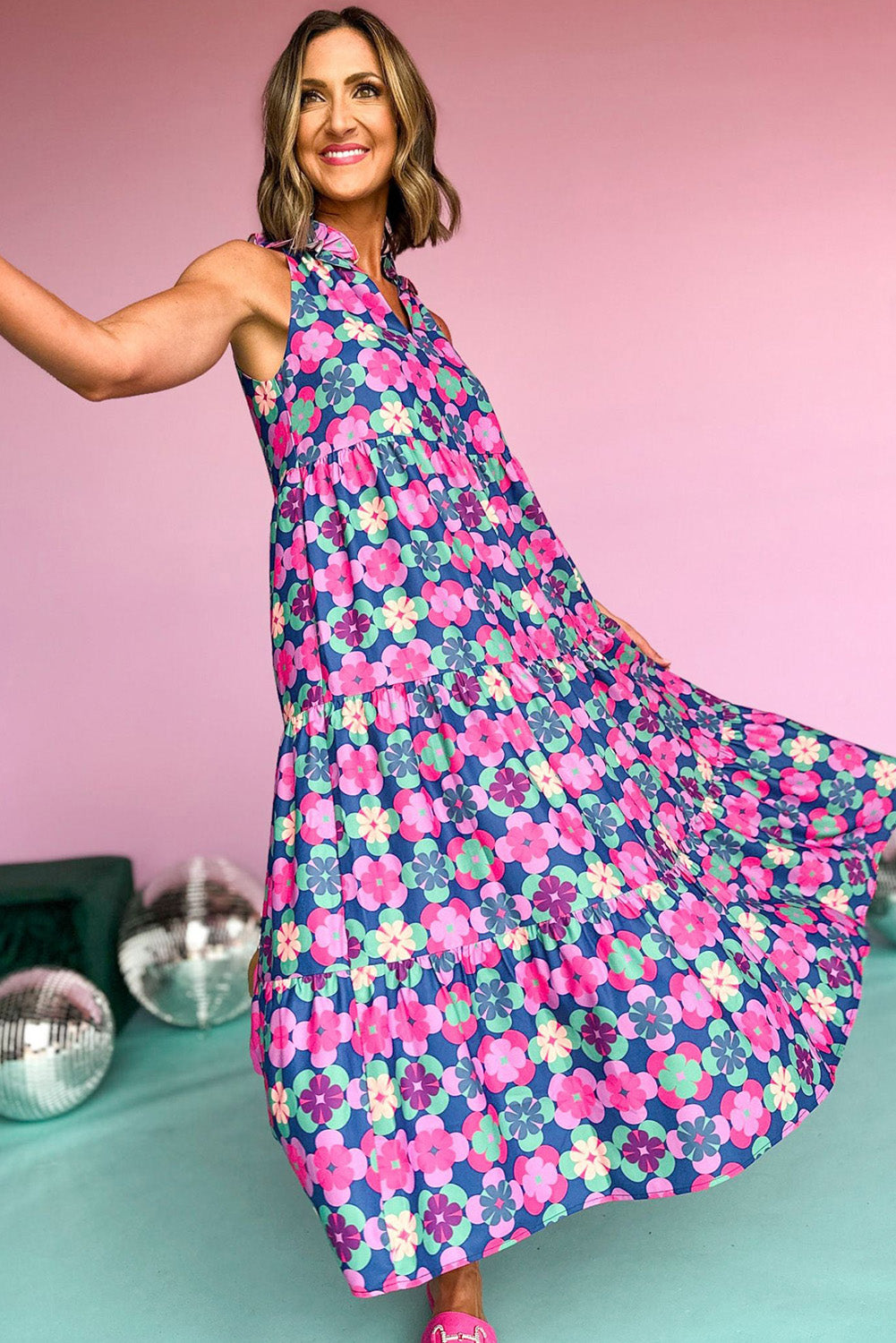 Pink Abstract Print Frill Split Neck Tiered Maxi Dress