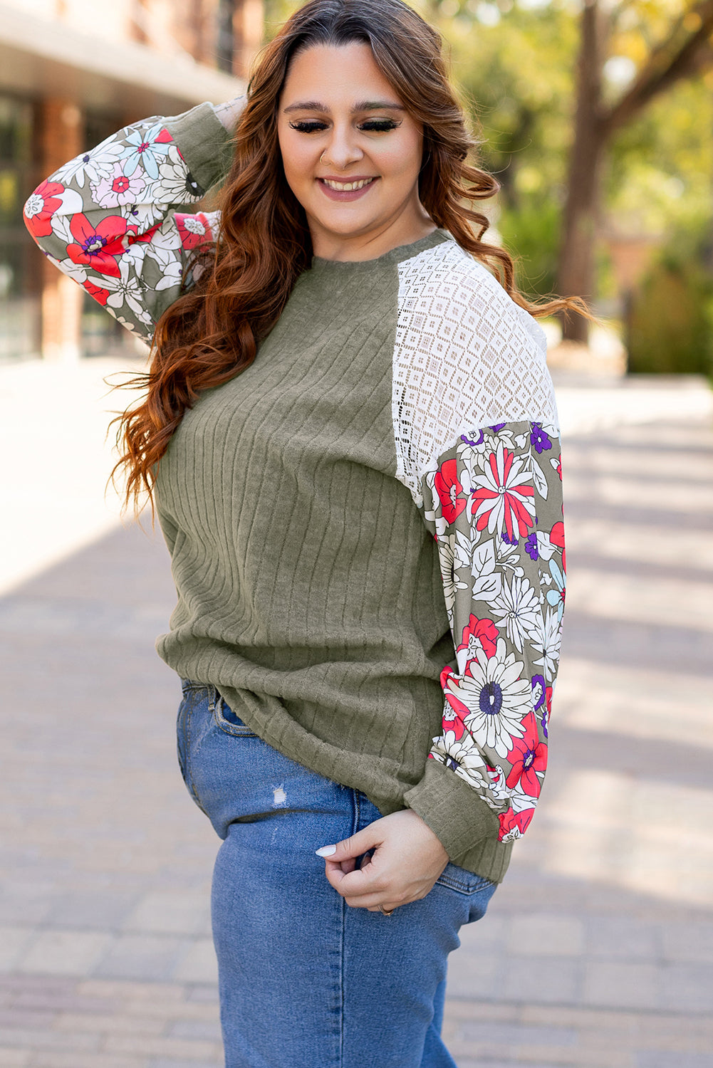 Flowery Raglan Sleeve Blouse Plus Size