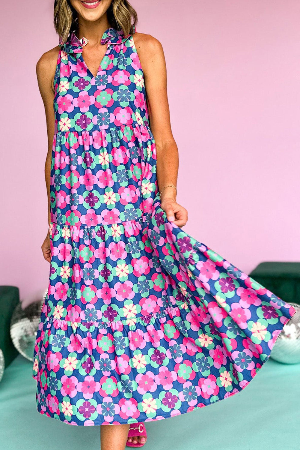 Pink Abstract Print Frill Split Neck Tiered Maxi Dress