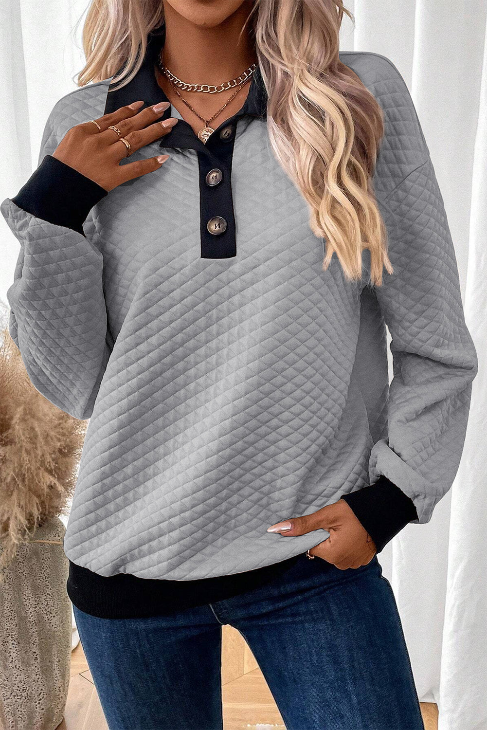 Quilted Button Neck Sweatshirt