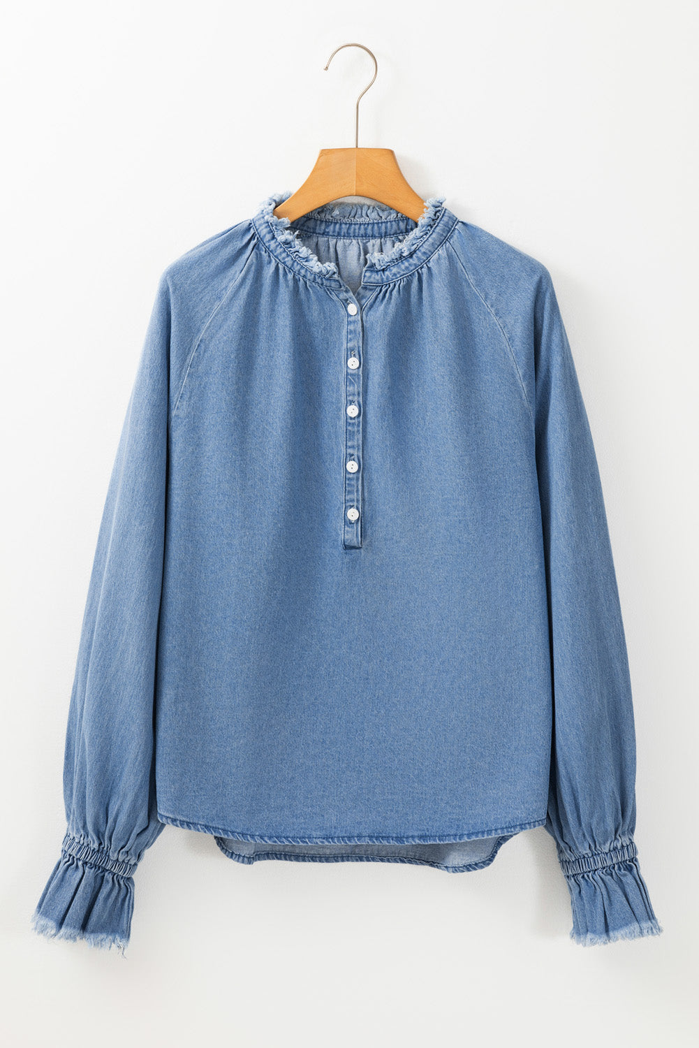 Denim Frayed Trim Denim Blouse