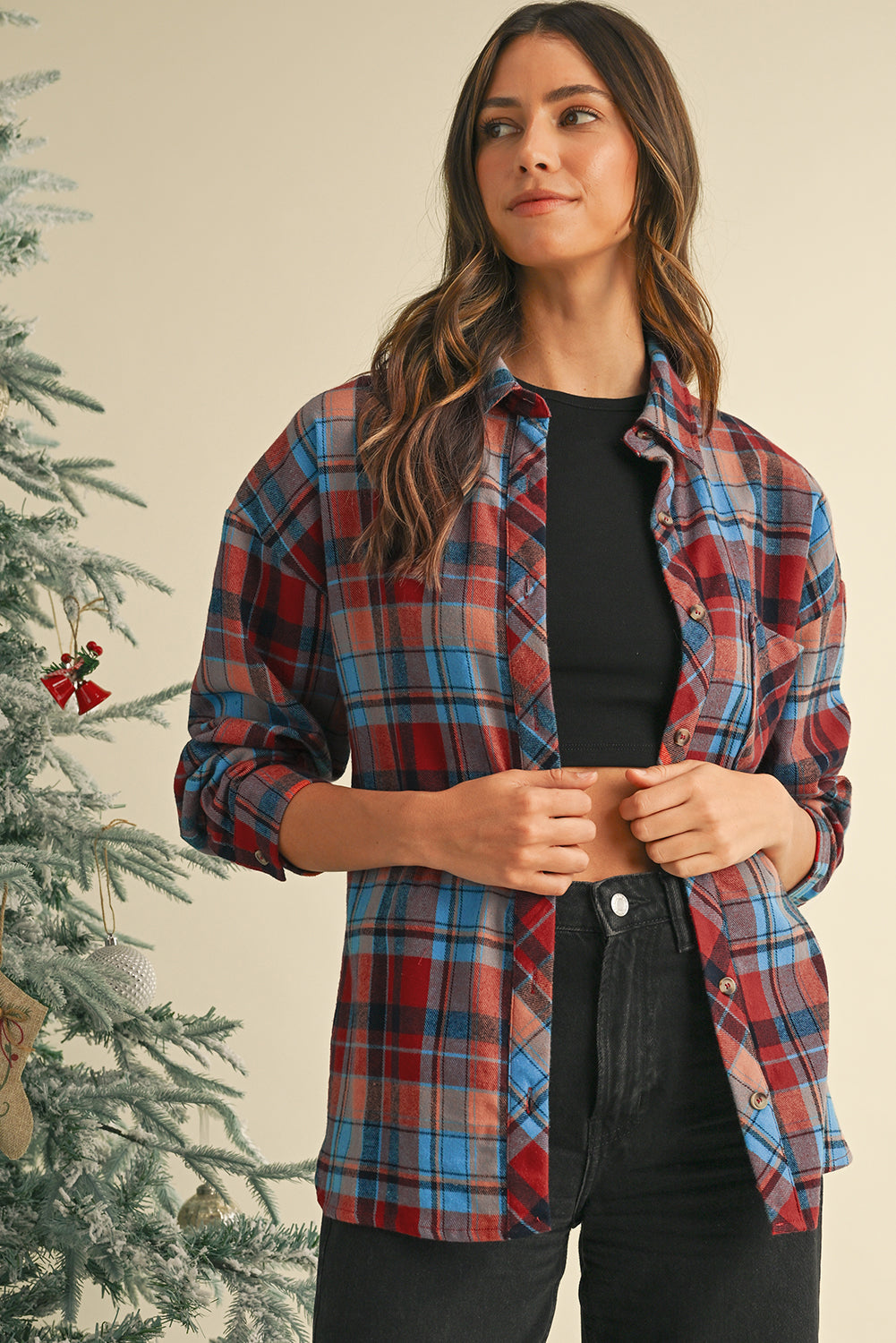 Orange Plaid Print Pocket Loose Shirt