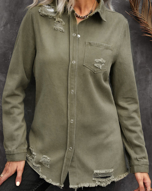 Raw Hem Distressed Denim Shirt Jacket