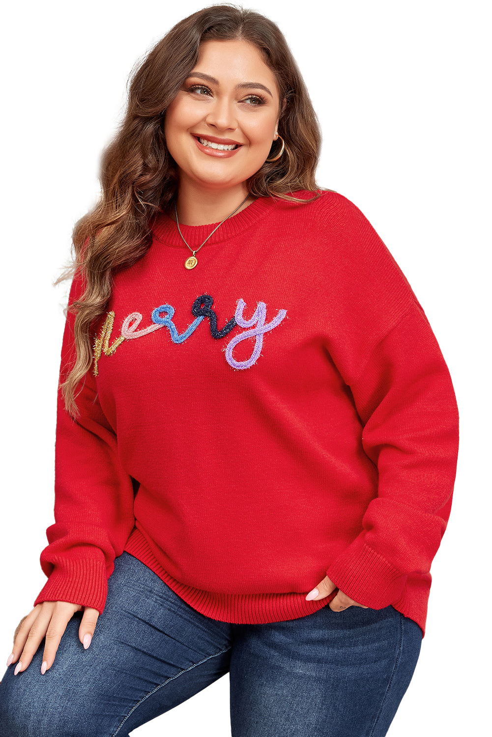 Fiery Red Tinsel merry Pattern Christmas Plus Size Sweater