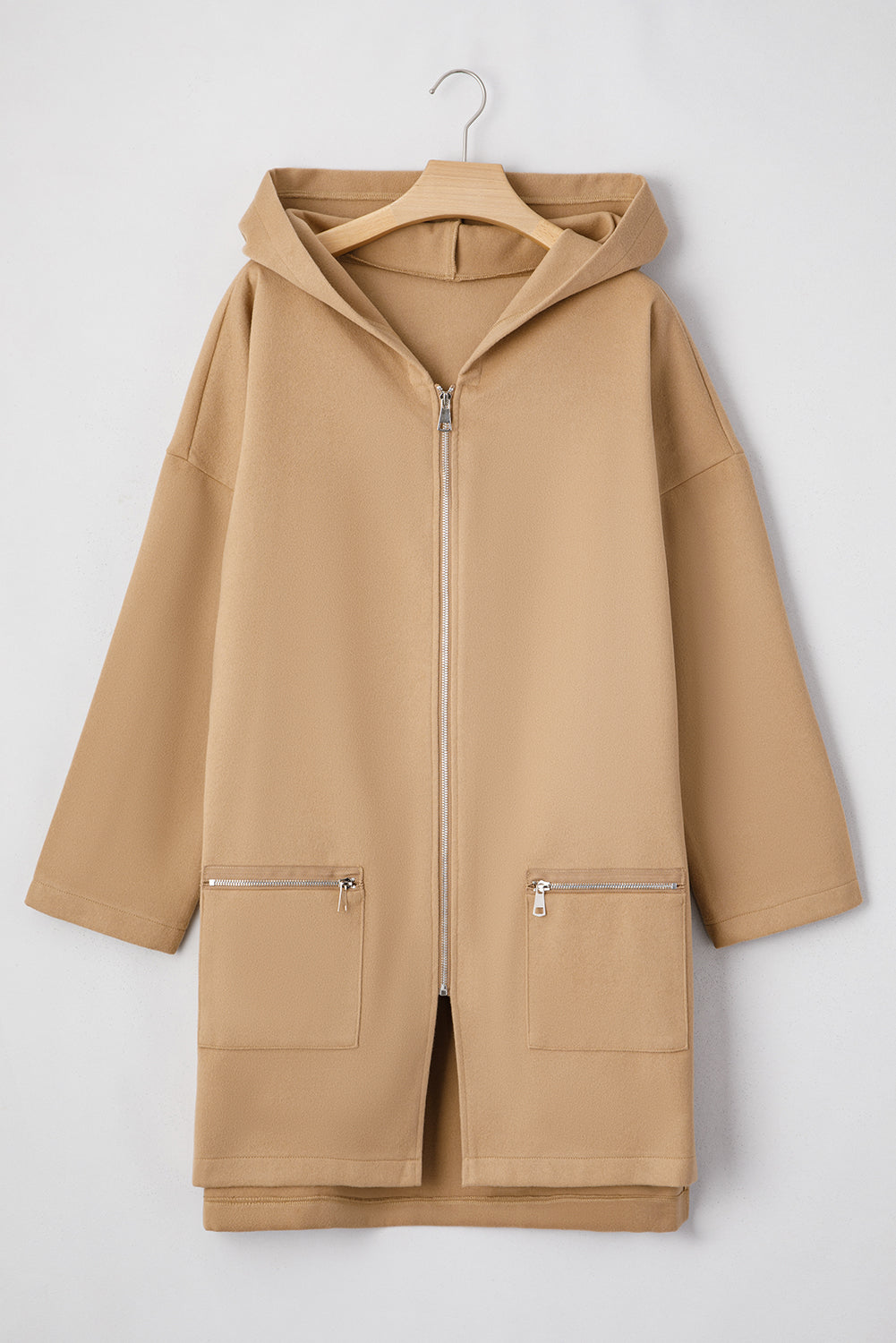 French Beige Zip Hooded Coat