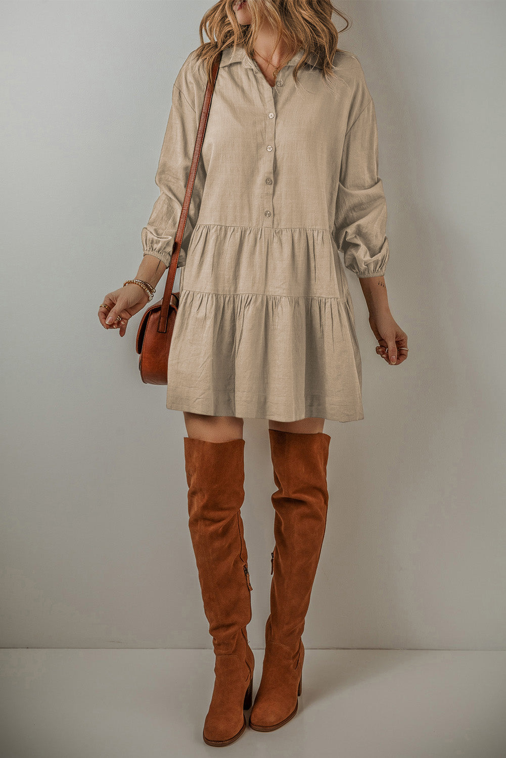 Tiered Pleated Mini Shirt Dress