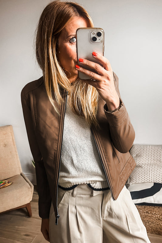 Faux Leather Collarless Zip Jacket Chestnut