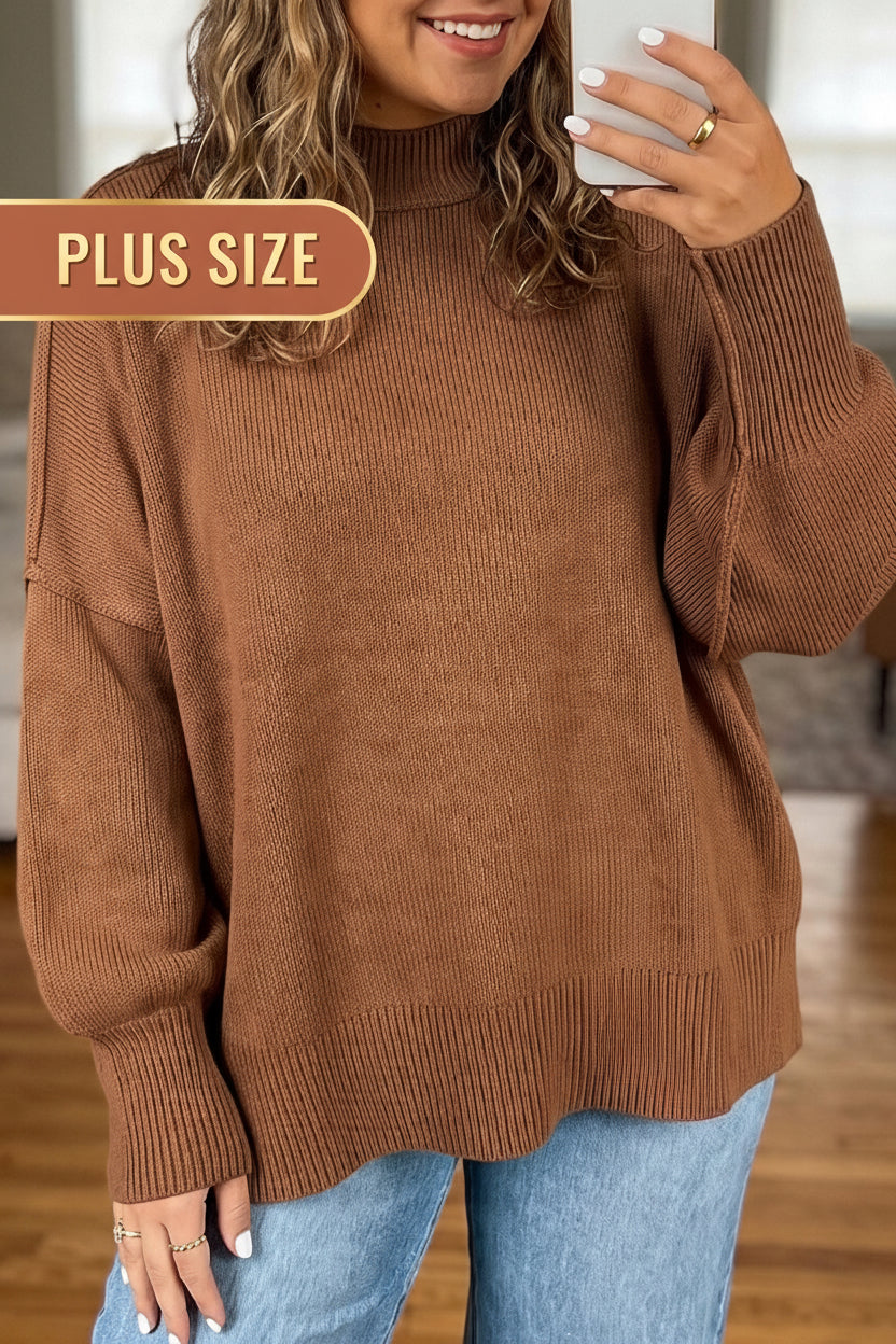 Chestnut Oversized Ribbed Knit Long Sleeve Tunic Plus Size Sweater