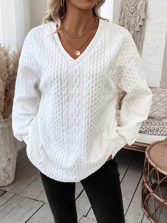 V-Neck Long Sleeve Cable Sweatshirt