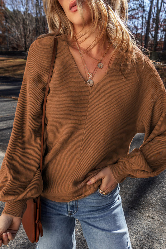 Ribbed Knit Drop Sleeve V Neck Sweater