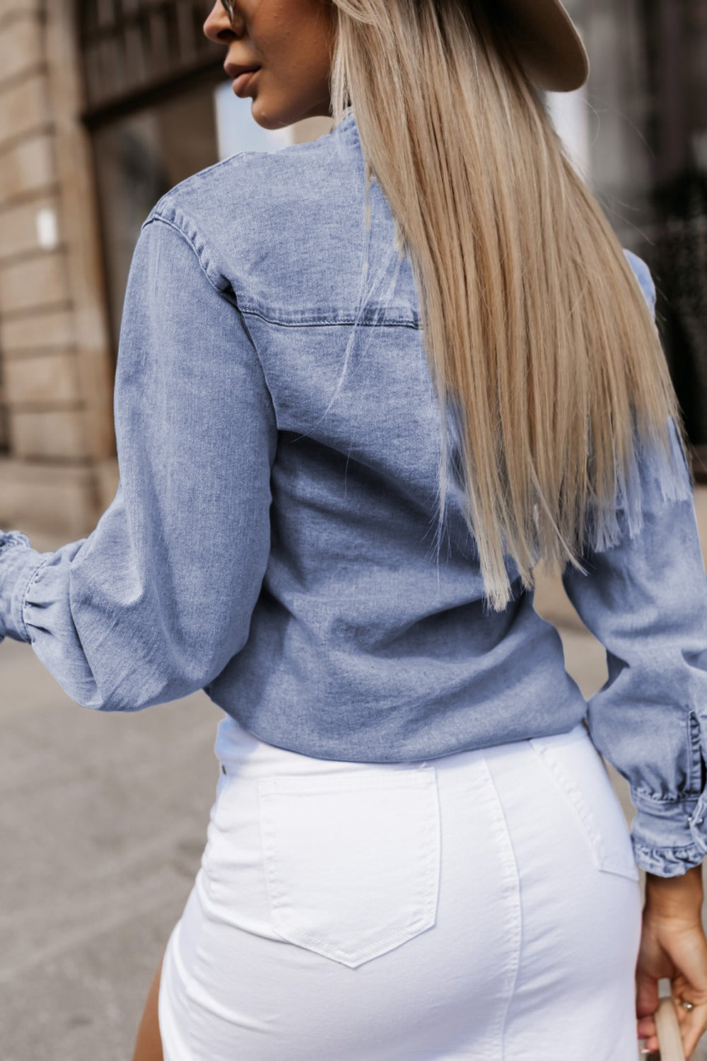 Ruffle Trim Denim Shirt