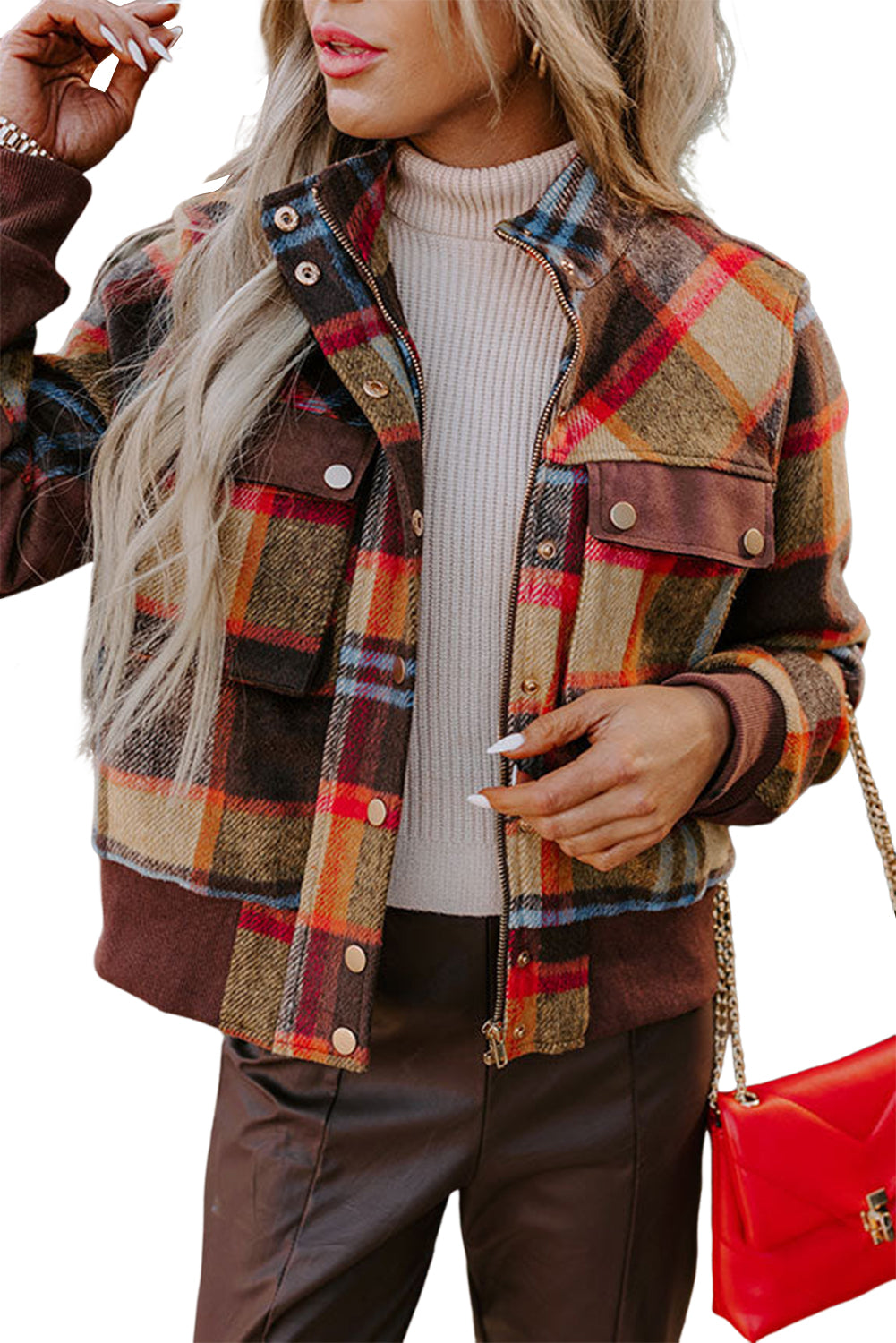 Snap/Zip Brown Plaid Jacket