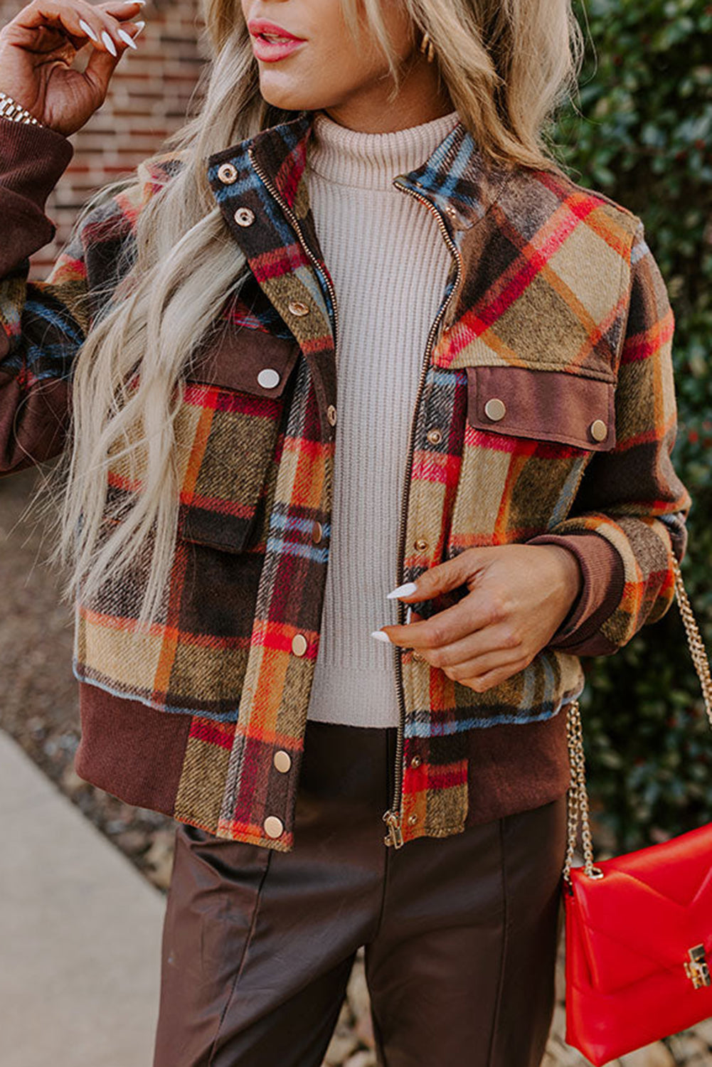 Snap/Zip Brown Plaid Jacket