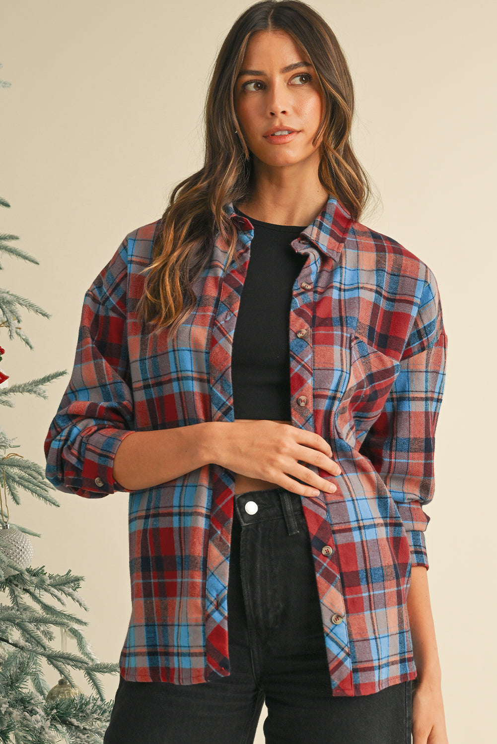 Orange Plaid Print Pocket Loose Shirt