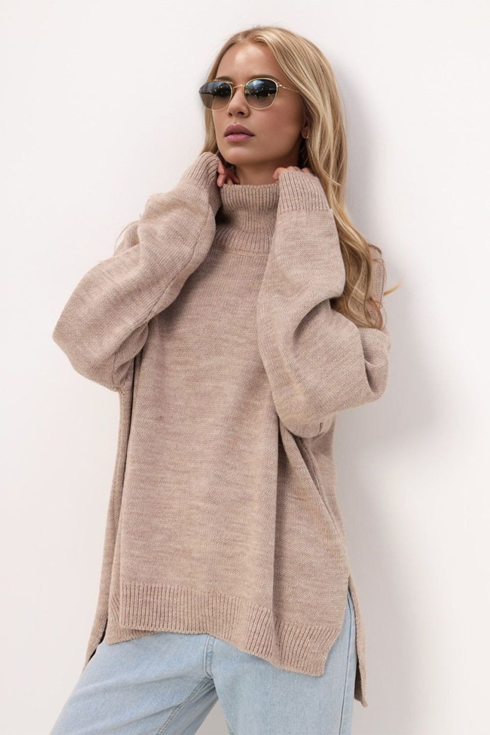 Side Slit Turtleneck Sweater