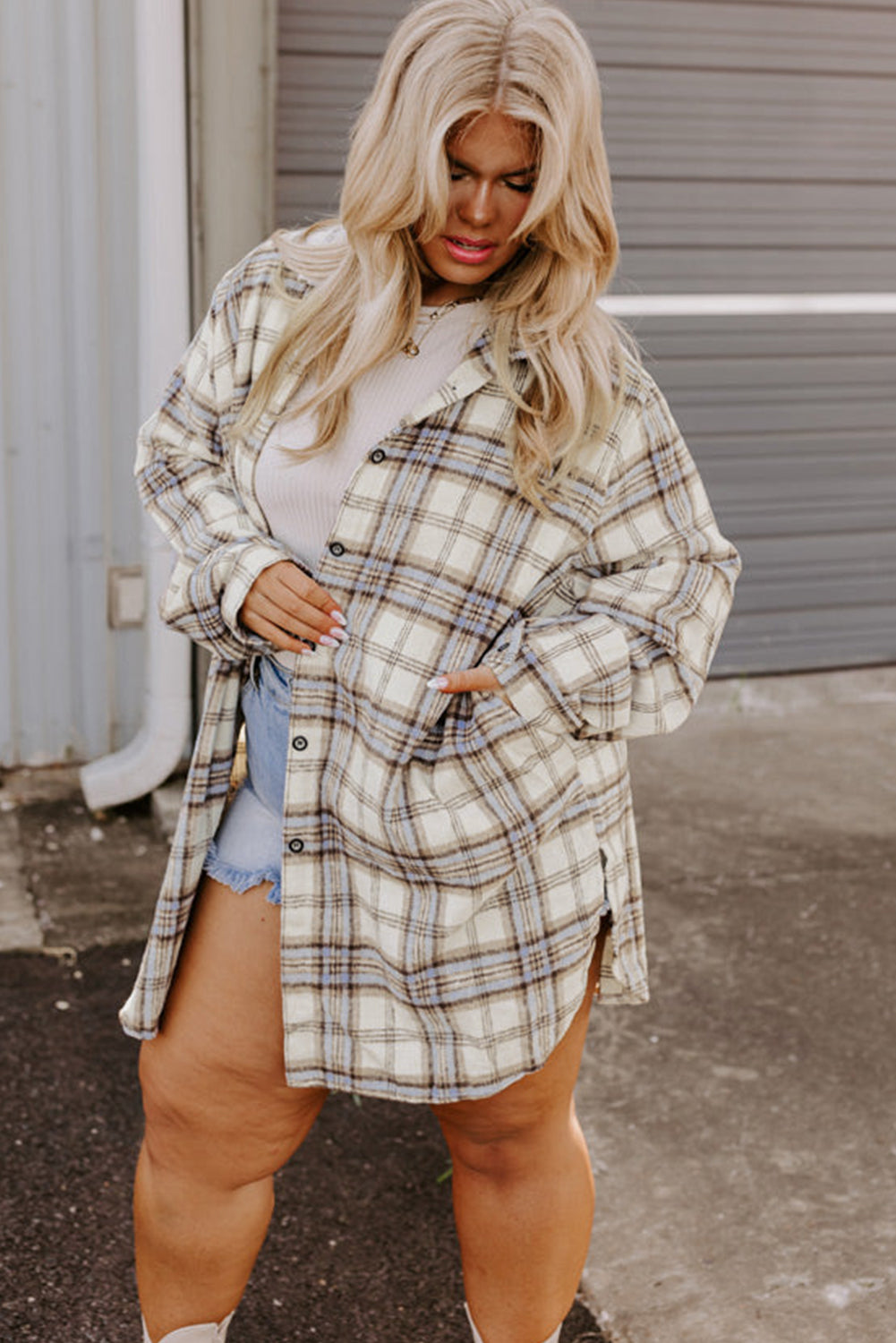 Natural Plaid Shacket Plus Size