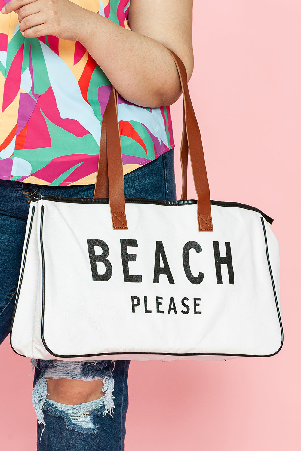 BEACH PLEASE Large Canvas Tote Bag