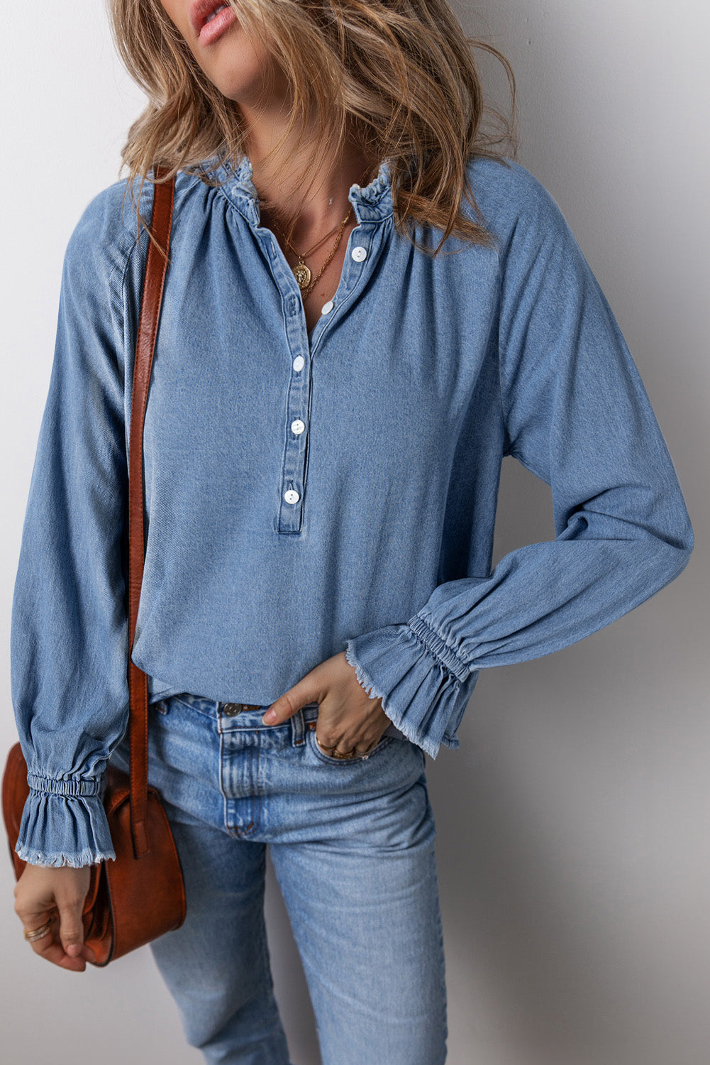 Denim Frayed Trim Denim Blouse