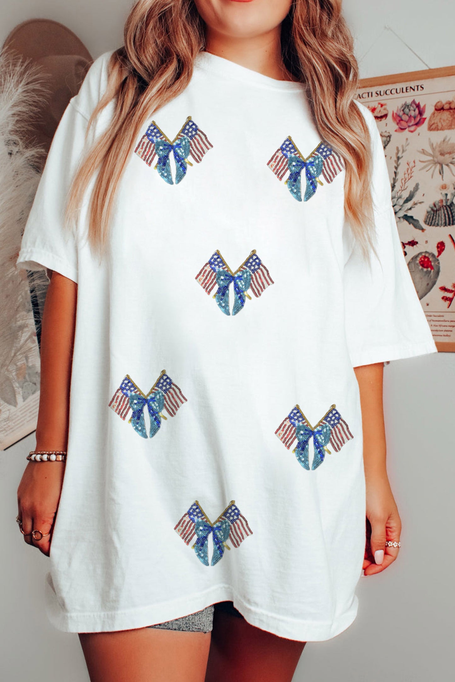White Patriotic Sequin Bow Flag Cotton Tunic Tee