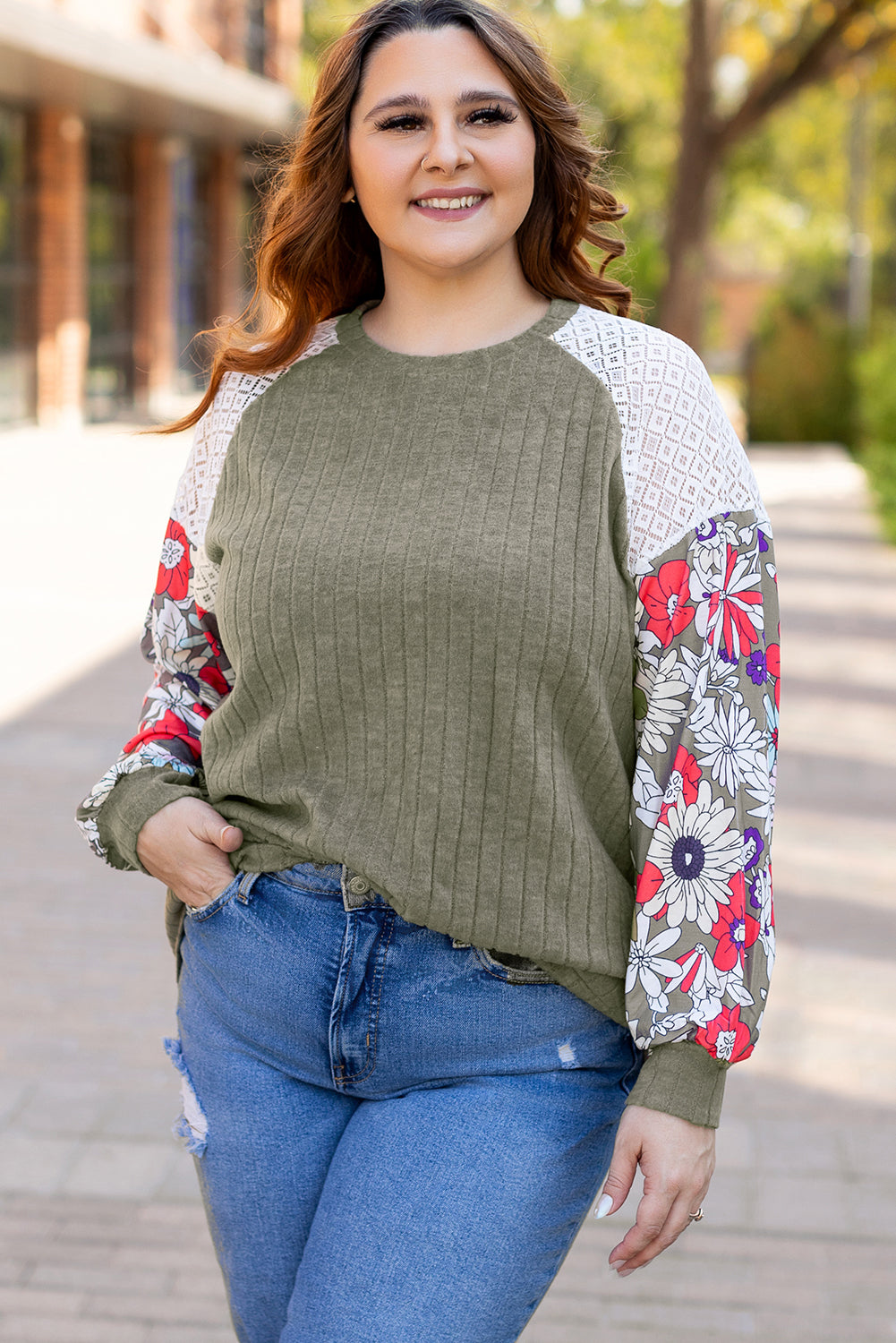 Flowery Raglan Sleeve Blouse Plus Size