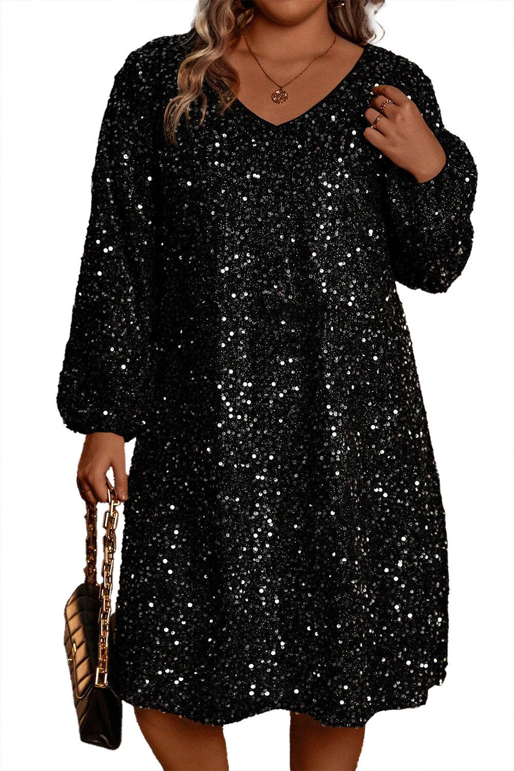 Bubble Sleeve V Neck Sequin Dress Plus Size