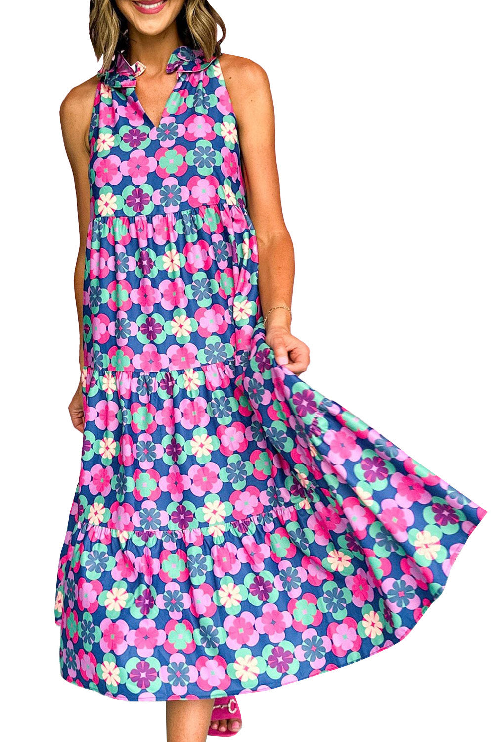 Pink Abstract Print Frill Split Neck Tiered Maxi Dress