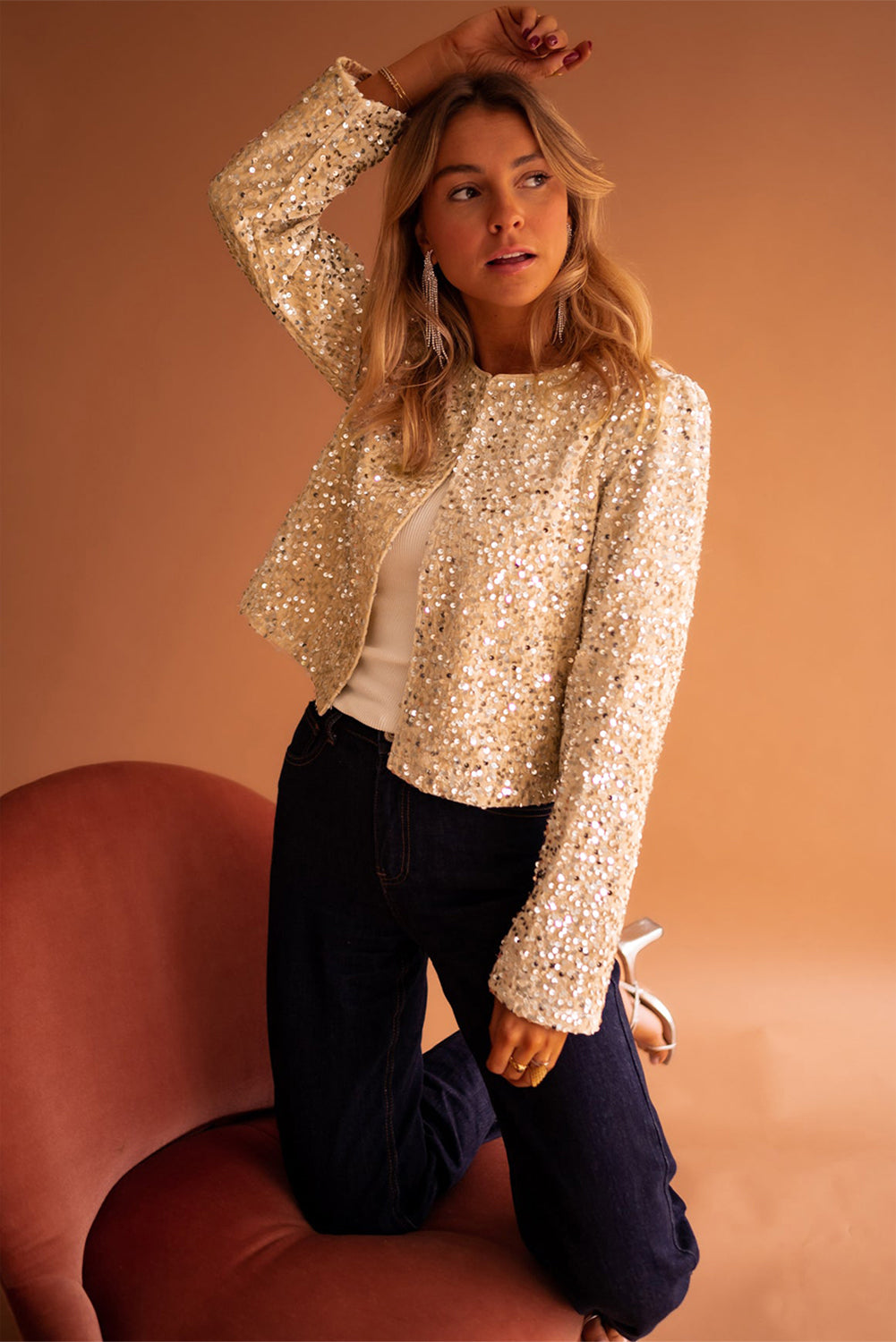 Sequin Open Front Cropped Jacket