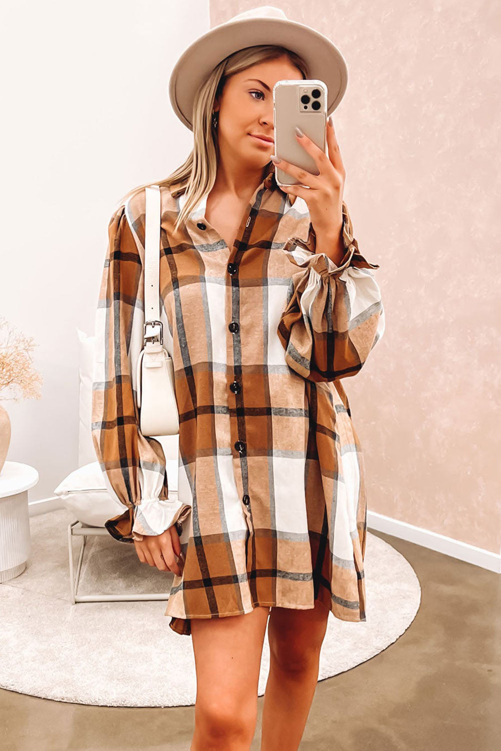 Plaid Ruffle Sleeve Shirt Dress