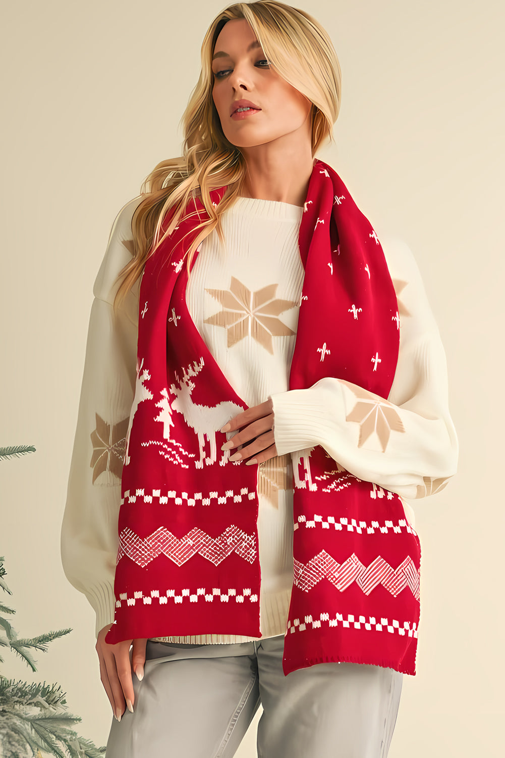 Elk Xmas Tree Print Scarf