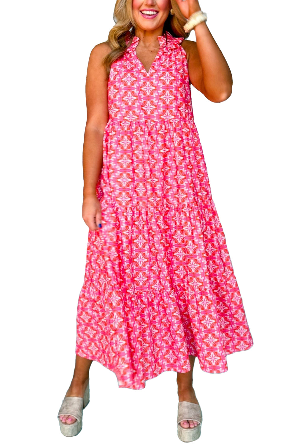 Pink Abstract Print Frill Split Neck Tiered Maxi Dress